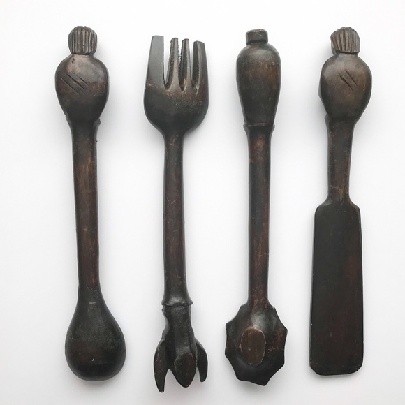 HAND CARVED Primitive Wood Vintage Utensils Set of 4 - Picture 1 of 8
